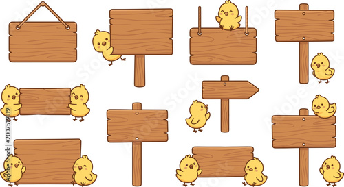 Cute Baby Chick Mascot Collection with Blank Wooden Signs and Rustic Directional Boards for Spring Easter Holidays Educational Materials and Kids Party Design Projects