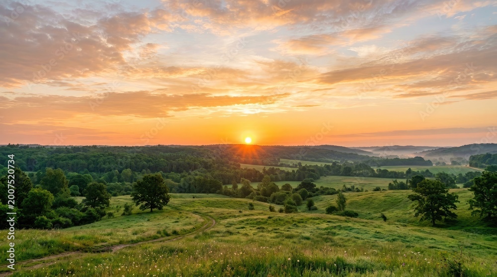 Obraz premium Golden sunset over rolling hills and lush green fields