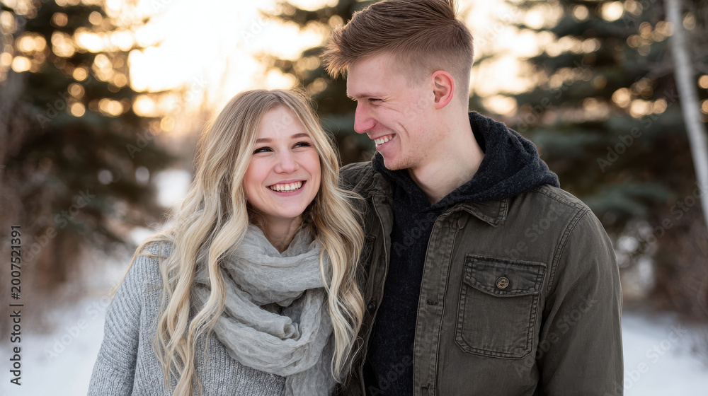 Fototapeta premium happy couple strolls through winter park embracing gently as soft light of sunset bathes them