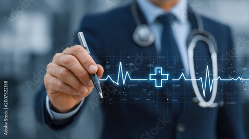 Doctor interacting with digital heartbeat interface, medical tech concept