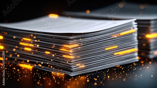 Stacked documents with glowing data lines, digital workflow concept