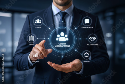 Client management digital interface with businessman presenting client relationship, communication, tasks, reports and support concept for CRM software and customer success platform
