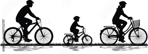 Bild auf Leinwand Black silhouette of a family with father mother and child riding bicycles togeth