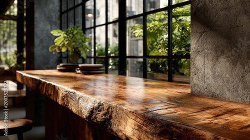 Sunlit live edge wood counter in modern interior with plants
