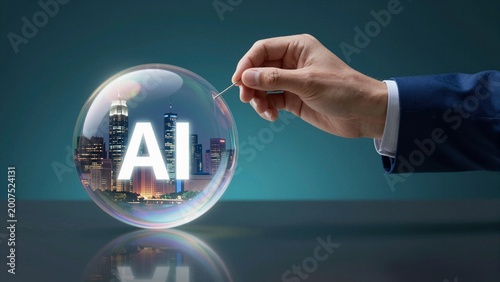 A businessman's hand holds a needle poised to burst a bubble containing an AI cityscape, symbolizing the fragility of technological growth.