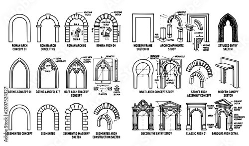 Bild auf Leinwand Hand Drawn Archway Outline Sketch Icons Collection Architectural Line Art Vector