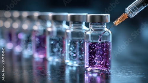Syringe drawing purple medicine from glass vial in laboratory row