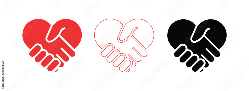 Fototapeta premium Abstract Red & Black Handshake Heart Icon Set – Love, Agreement & Partnership Symbols