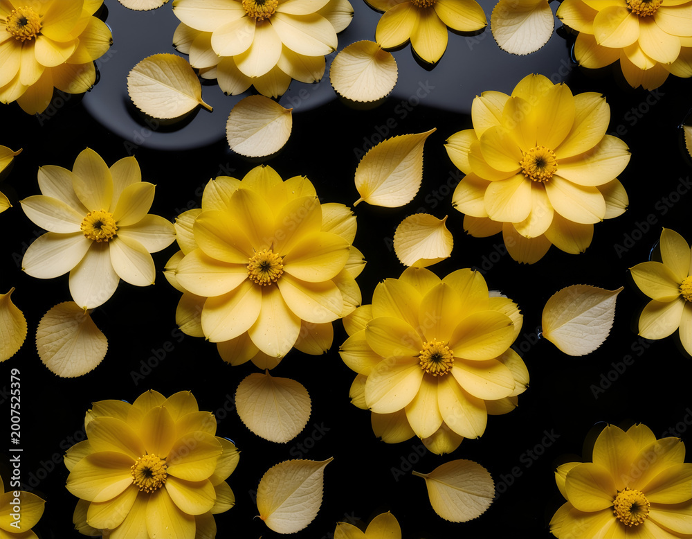 Obraz premium Golden yellow flowers gently float on a dark, reflective water surface, creating a serene and artistic composition.