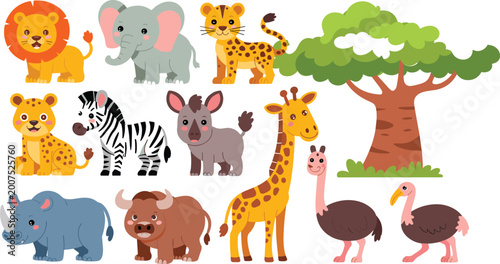 Photography Wild Animal Collection Featuring Lion, Elephant, Giraffe, Rhino, Zebra, and Tree