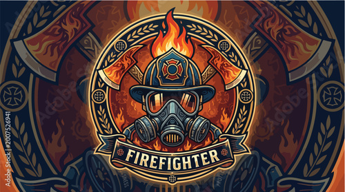 Digital illustration of a firefighter emblem with a helmet and mask surrounded by flames and axes on a dark background with orange hues.