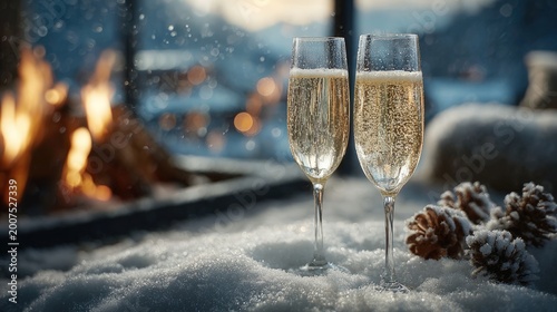 Two champagne glasses in snow near a warm fire