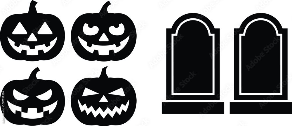 Obraz premium Halloween icon set featuring carved pumpkin jack o lantern faces and tombstone silhouettes for spooky seasonal design