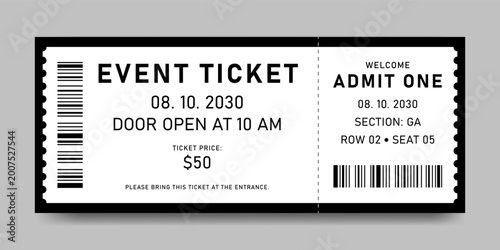 Ticket for Event or Program Access. White and Black Ticket Design for Entry. Retro ticket concert and festival event, movie theater coupon.