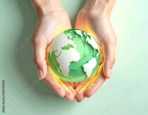 Inspiring 3D papercraft illustration showing two human hands gently holding and protecting a green paper earth globe.