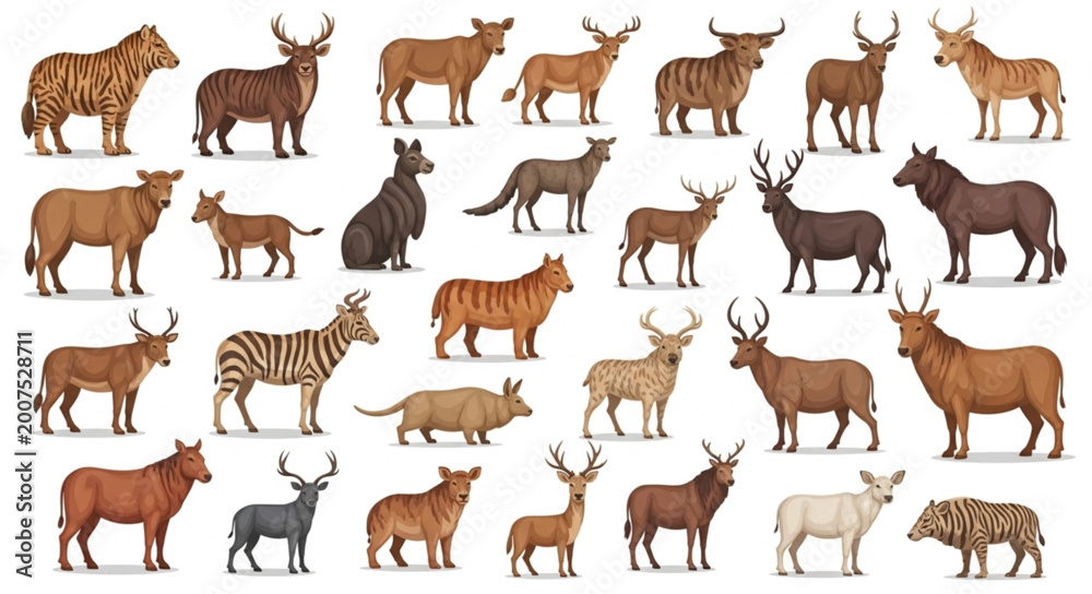 Fototapeta premium Collection of various wild animals standing on white background.
