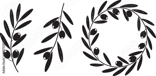 Photos Vintage olive branch vector set, black botanical leaf icons, 2 organic olive spr