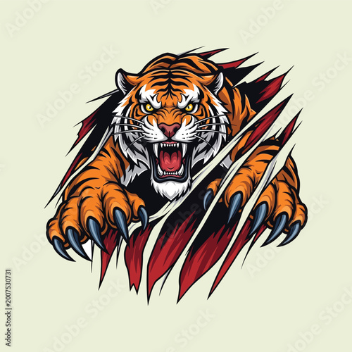 Obraz na płótnie Dynamic illustration of a fierce tiger with bared fangs and sharp claws, dramati