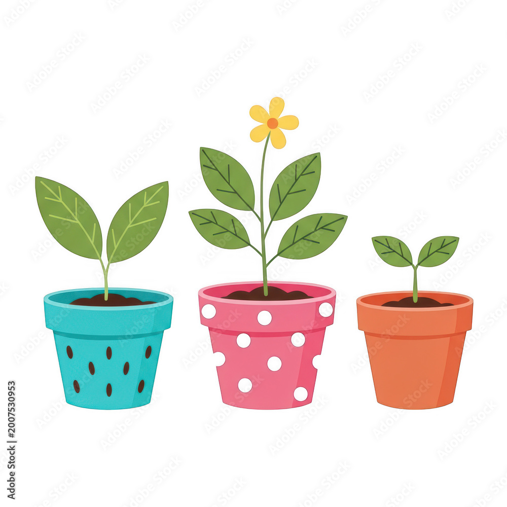 Fototapeta premium Three small potted plants with flowers in colorful pots