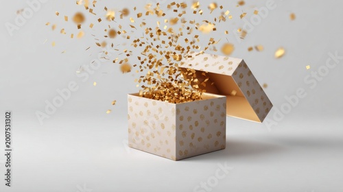 Gift box with golden confetti bursting out on a light background.