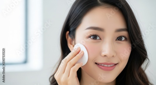 Young asian woman applying skincare with a cotton pad for a radiant complexion