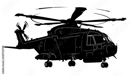 Fotografi Military rescue helicopter vector with spinning rotor dynamic perspective isolat