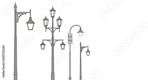 Collection of vintage street lamps in various designs.