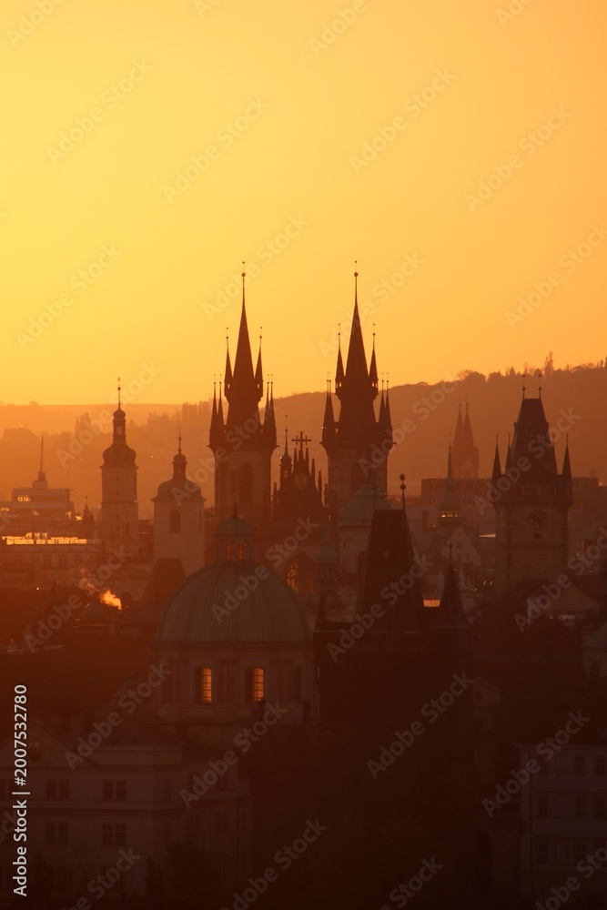 Fototapeta premium Sunrise in a park in the center of Prague.