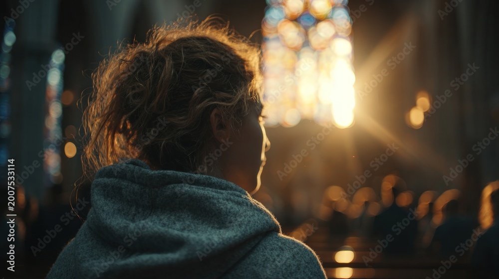 Obraz premium Woman looking at light in a cathedral interior