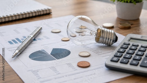 Light bulb on financial report with calculator, coins and pen on wooden desk. Concept of energy saving, utility costs, business ideas, and financial planning.
