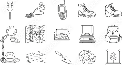 Geology and prospecting equipment icons set, including tools for mineral exploration, field research, and sample analysis