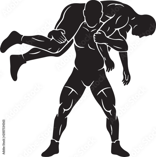 Fotografie Black silhouette of man carrying another man over shoulder isolated on transpare