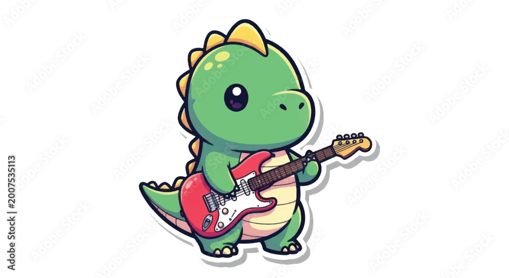 Obraz premium Cute cartoon dinosaur playing electric guitar.