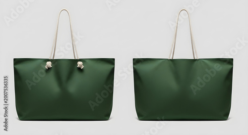 Two stylish dark green tote bags with white rope handles are presented from both the front and back views.