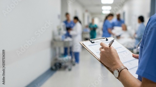 Healthcare professional writing patient notes on clipboard in a busy hospital hallway with other staff working.