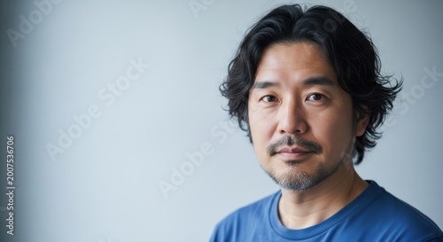 Fototapeta Close up portrait of a middle aged east asian man with dark hair and a thoughtful expression