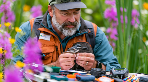 Vibrant colorful wetland bird banding station, ornithologist holding small warbler for data collection, folding table of field equipment in cattail clearing, candid scientific work, ideal for wildli
