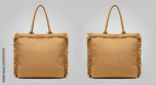 Two stylish woven straw tote bags with decorative fringe edges and handles for summer beach vacations.