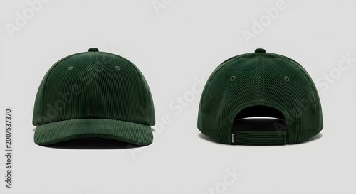 Dark green corduroy baseball cap shown from front and back views for fashion branding and apparel design.