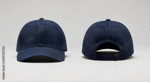 A pair of blank navy blue baseball caps shown from the front and back for custom branding and apparel design