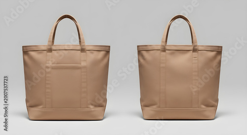Pair of beige canvas tote bags showing front and back views for retail and fashion branding mockups
