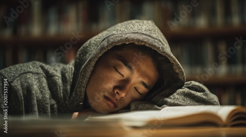 Young male student in hoodie sleeping on book in library