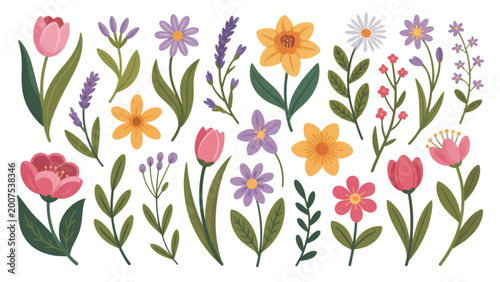 Colorful floral border illustration with flowers and leaves Vector