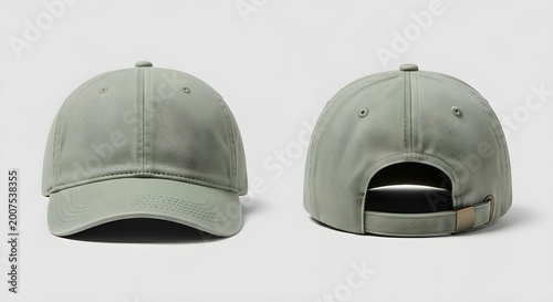 Front and back view of a minimalist sage green baseball cap with an adjustable strap for apparel mockup