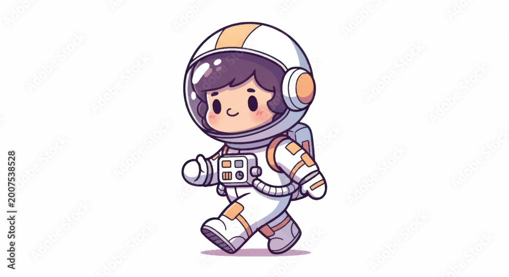 Fototapeta premium Cute Cartoon Astronaut Walking in Space Suit.
