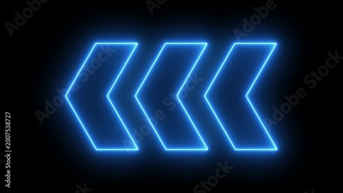 Neon light arrows pointing to the left. Gowing neon arrows on a black background. Flashing direction indicators. 