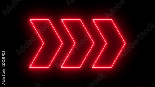 Neon light arrows pointing to the right. 3D rendering of glowing neon arrows on a black background.