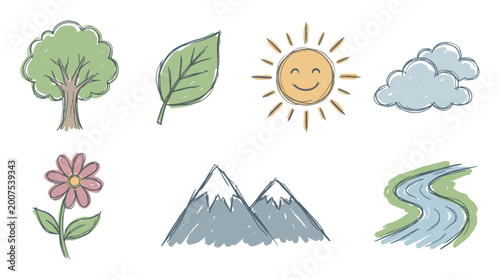 Foto Icon pack features nature scene with tree leaf sun cloud flower mountains and ro