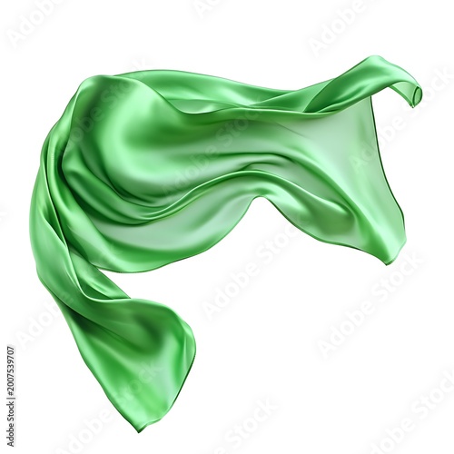 Flowing green silk fabric isolated on white background