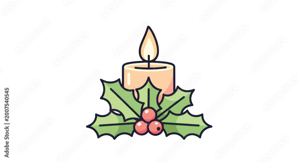 Naklejka premium Christmas Candle with Holly and Berries Illustration.